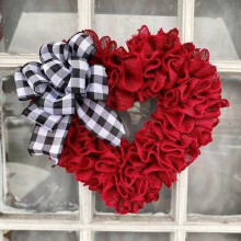 13.7inch Valentine'S Day Love Shaped Decor Mesh Wreath Holiday Ribbon Bow Ornaments for Front Door Porch Wall Window Birthday Wedding Party Decor