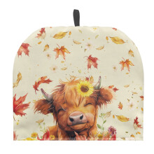 Highland Cow Teapot Cover Cozy with Hanging Loop, Maple Leaf Design, Anti-Dust Polyester Canvas – Compatible with Standard Teapots