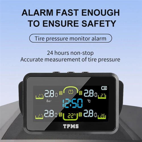 Med 4 Externa Sensorer, Solcellsdriven TPMS T14-1 Däcktrycksövervakningssystem, Bildäcktrycksmätare, Temperaturvarning 1