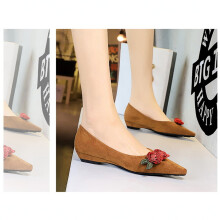 Women's Suede Pointed Toe Heel with Flower Decor Low Heel Shoes