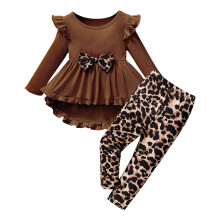 Girls Long Sleeve Ruffle Top and Leopard Print Pants Set