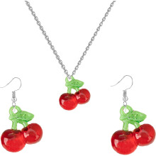Dainty Gold-Plated Fruit Earring & Necklace Set – Cherry/Strawberry Drop Earrings + Pendant, Compatible with Christmas/Aesthetic Style