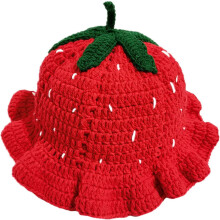 Handcrafted Strawberry Crochet Bucket Hat for Women, Cute Fruit Design Summer Beach Hat with Green Leaf Accents