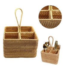Clearance! Natural Wicker Utensil Caddy, 4-Compartment Silverware Basket with Handles, 5.12"x5.12", for Table/Restaurant/Cabinet