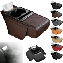 PU Leather Car Armrest Box Mat with Storage Bags, Cup Holder & Tissue Slot – Compatible with Most Cars