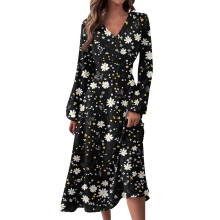 Vestido longo feminino azul marinho floral com decote em V e mangas compridas, tamanho XL.