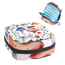 Sanitary Napkin Storage Bag for Girls & Women – Portable First Period Pads/Tampons Holder, Travel Makeup Bag, Large Capacity, Watercolor Mushroom