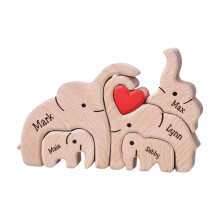 Elephant Family Wooden Sculpture – Handcrafted Natural Wood Tabletop Ornament for Living Room, Bedroom, Desktop – Personalized Name & Heart Accent
