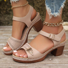 Willtoo Women's Summer Sandals Beige Chunky Heel Adjustable