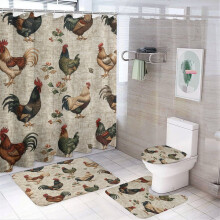 4-Pc Rustic Farmhouse Shower Curtain Set w/ Rugs, Chicken Decor, 12 Hooks, 72"x72", Compatible with Standard Rods