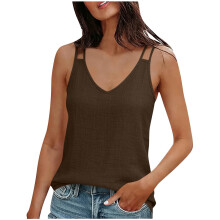Women's Vintage Cotton-Linen Camisole Sleeveless Top Coffee