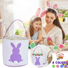 Easter Basket with Rabbit Print, Canvas Gift Bag for Carrying Eggs and Candy, Holiday Party Favor Bag and Home Decor,Purple
