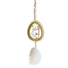 11.8" Wooden Easter Egg Hanging Decor – Carved Bunny & Wildflowers, Beaded Jute Rope, Feather, Rustic Wall Art