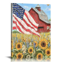 4th of July Patriotic Canvas Wall Art: American Flag & Sunflowers, 16x20in – Living Room, Bedroom, Office Decor