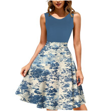 Ärmelloses A-Linien-Midikleid für Damen mit blauem Blumen- und Vogelmuster