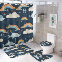4-Piece Bathroom Rug Set w/ Shower Curtain, U-Shaped Mat, Toilet Lid & Oval Rug – Whale & Rainbow Cartoon Design, Waterproof