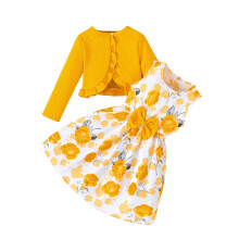 Girls Yellow Floral Dress Set with Cardigan and Bow, Size
