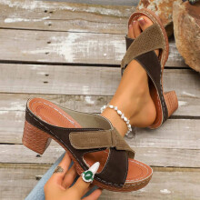 Women's Khaki Casual Sandals PU Hollow-Out Slip-On with
