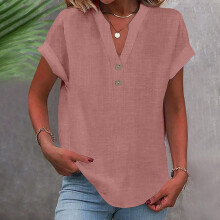 Women's Polyester V-Neck Short Sleeve Blouse Pink S