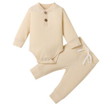 Conjunto de body de pana con botones para bebé niño, color beige, tallas 12-18.