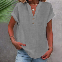 Women's Polyester V-Neck Button-Up Blouse Gray 4XL