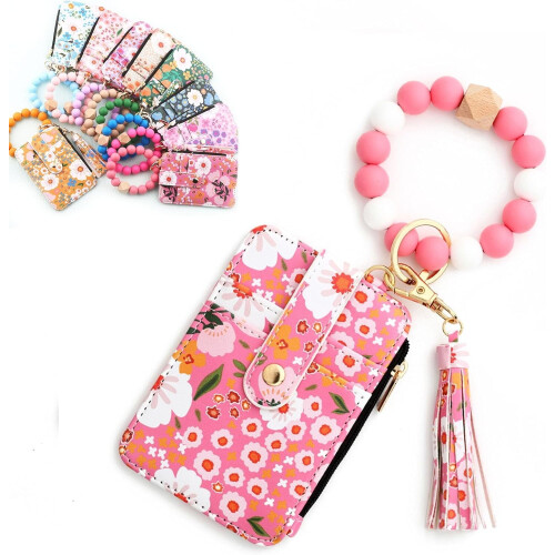 Women's Boho Beaded Wallet with Flower Pattern Dark Pink