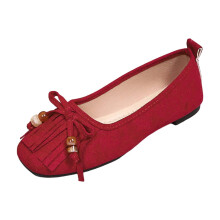 Red Women's Slip-On Loafers Bow Tassel Square Toe Soft Sole