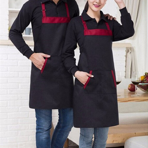 Black Kitchen Apron with 2 Pockets, Cotton Blend Waterproof