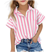 Children's Cotton-Linen Tops with Vertical Stripes and Lapel
