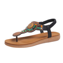Women's Bohemian Beaded Black Sandals Flat Thong Pair