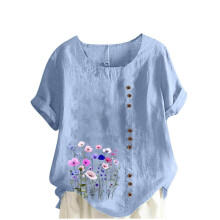 Damenbluse mit Blumenmuster, kurzen Ärmeln, Oversize-Schnitt, lockere Passform, lässige Tunika in Übergröße, hellblauer Aquarelldruck, Größen