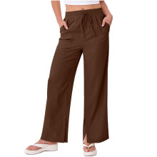 Pantaloni de in cafea pentru femei cu picior larg - Talie elastică cu buzunare, Pantaloni casual confortabili pentru vară, mărime M