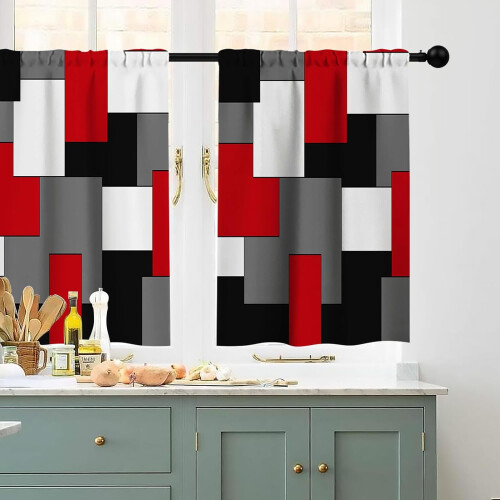 Kitchen Curtains Set Black Red Grey Geometric 3-Pc 2