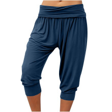 Calça Capri Harem Feminina Azul Marinho, Cintura Alta, Ideal para Relaxar e Praticar Yoga, com Cintura Cruzada e Tecido Elástico Confortável para