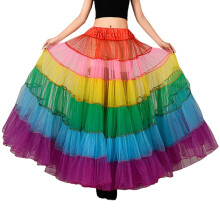 ROCKROK Gonna tutù lunga a trapezio multicolore arcobaleno, sottogonna plissettata lunga fino al pavimento, sottogonna in rete senza cerchio da sposa