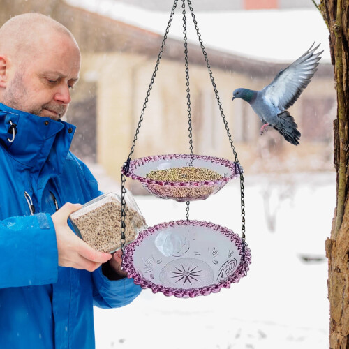 Hanging Bird Bath and Feeder Set Plastic 2Pack Purple