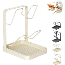 Soporte de acero inoxidable para tapas de ollas con bandeja recogegotas y soporte para espátulas de 2 compartimentos – Compatible con la mayoría