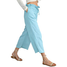 Women's Light Blue Cotton Capri Pants Elastic Waist Pockets