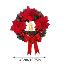 Couronne de Noël lumineuse Bocqde2024 pour porte d'entrée, couronne artificielle avec nœud, ruban et boules rouges - Décoration et cadeau de