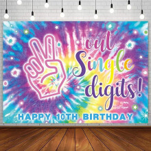 Bursdagsfestpynt med tie-dye-motiv, regnbuefarget bakgrunn for jenter, banner med teksten «Det er min 10-årsdag», rekvisitter til fotostudio, rosa
