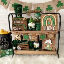 St. Patrick’s Day Tiered Tray Decor Set – 9Pcs Rustic Wooden Irish Decor with Shamrock, Leprechaun & Kiss Ornaments, Compatible with Standard