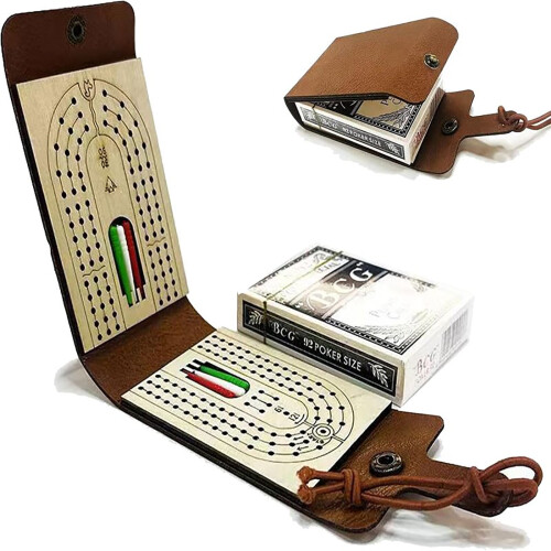 Foldable leather cribbage board set with card storage 1 pack