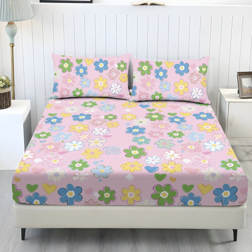 Pink Flower Heart Queen Bed Sheet Set 3-Pc Polyester
