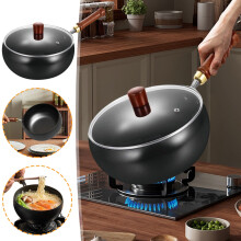 Hand Forged Iron Wok Flat Bottom Stir Fry Pan with Wooden