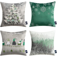 Coussin décoratif brodé en velours Phantoscope Joyeux Noël, vert et gris, 45 x 45 cm, lot de 4