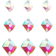 72 peças de strass em formato de losango para costurar, 3 tamanhos, vidro facetado, 2 furos, base plana de cristal transparente para confecção de