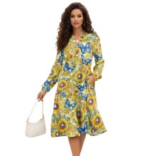 Sunflower Butterfly Dress for Women Elegant Long Sleeve V Neck Dresses Patchwork Soft Fashion Oufits for Women Midi Casual Dress, Size Large