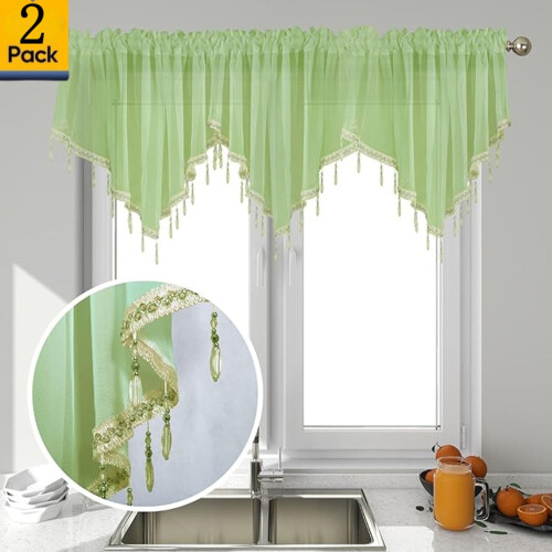 Beaded Sheer Triangle Valance Curtains Green 51x24 Inch