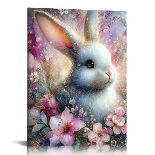 Easter Bunny and Floral Canvas Art Pine Wood Frame