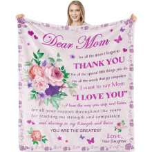 Lila Fleece-Decke mit Blumenmuster, Aufschrift „Ich liebe dich Mama“, 76 x 102 cm